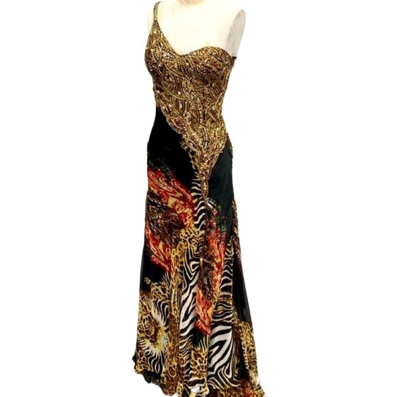 Mac Duggal Couture Fit & Flare Dress Animal Print Gold Beaded Bodice 75981M Sz 0 - Picture 1 of 16